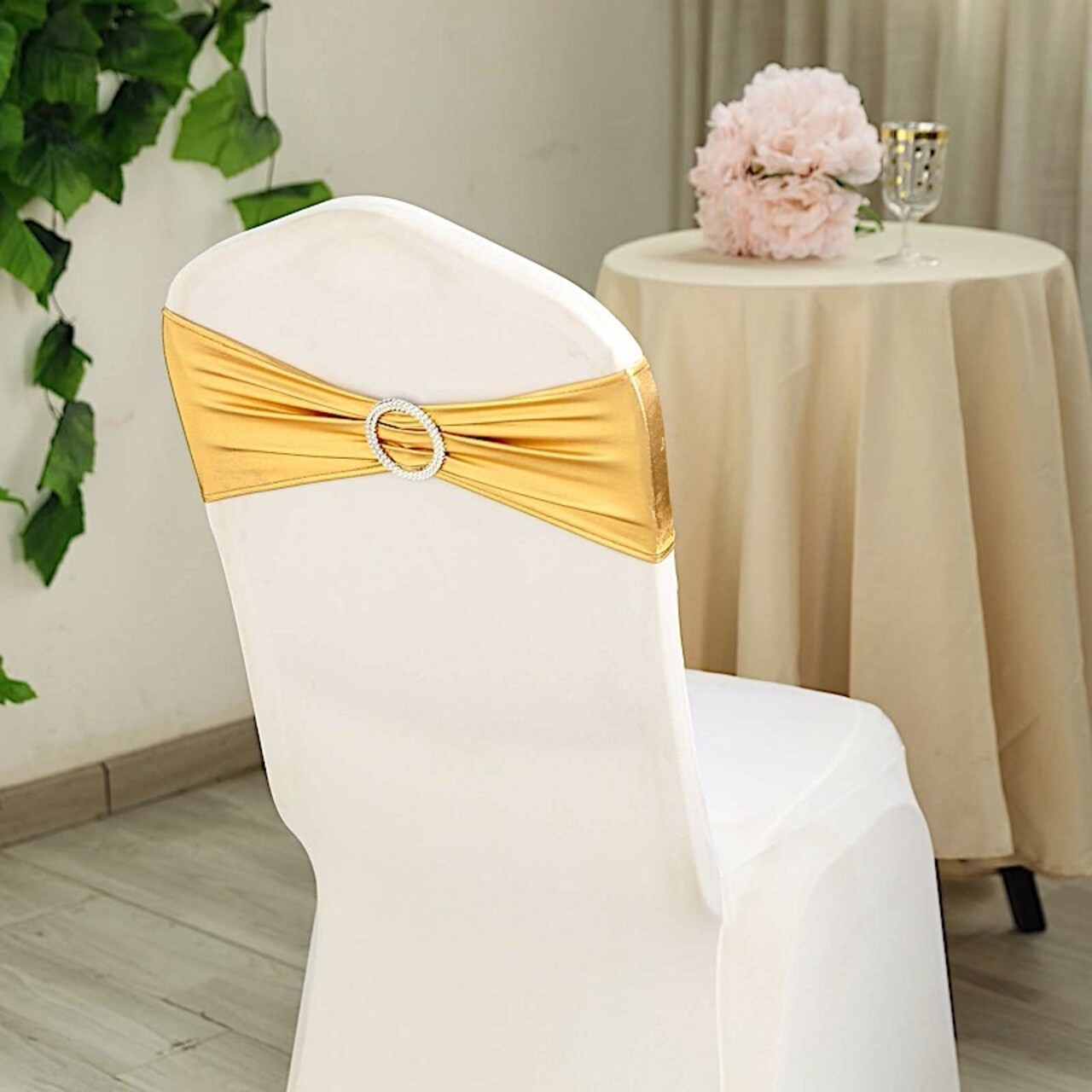 Metallic Silver Spandex Chair Sashes with Round Buckles for Wedding Decor